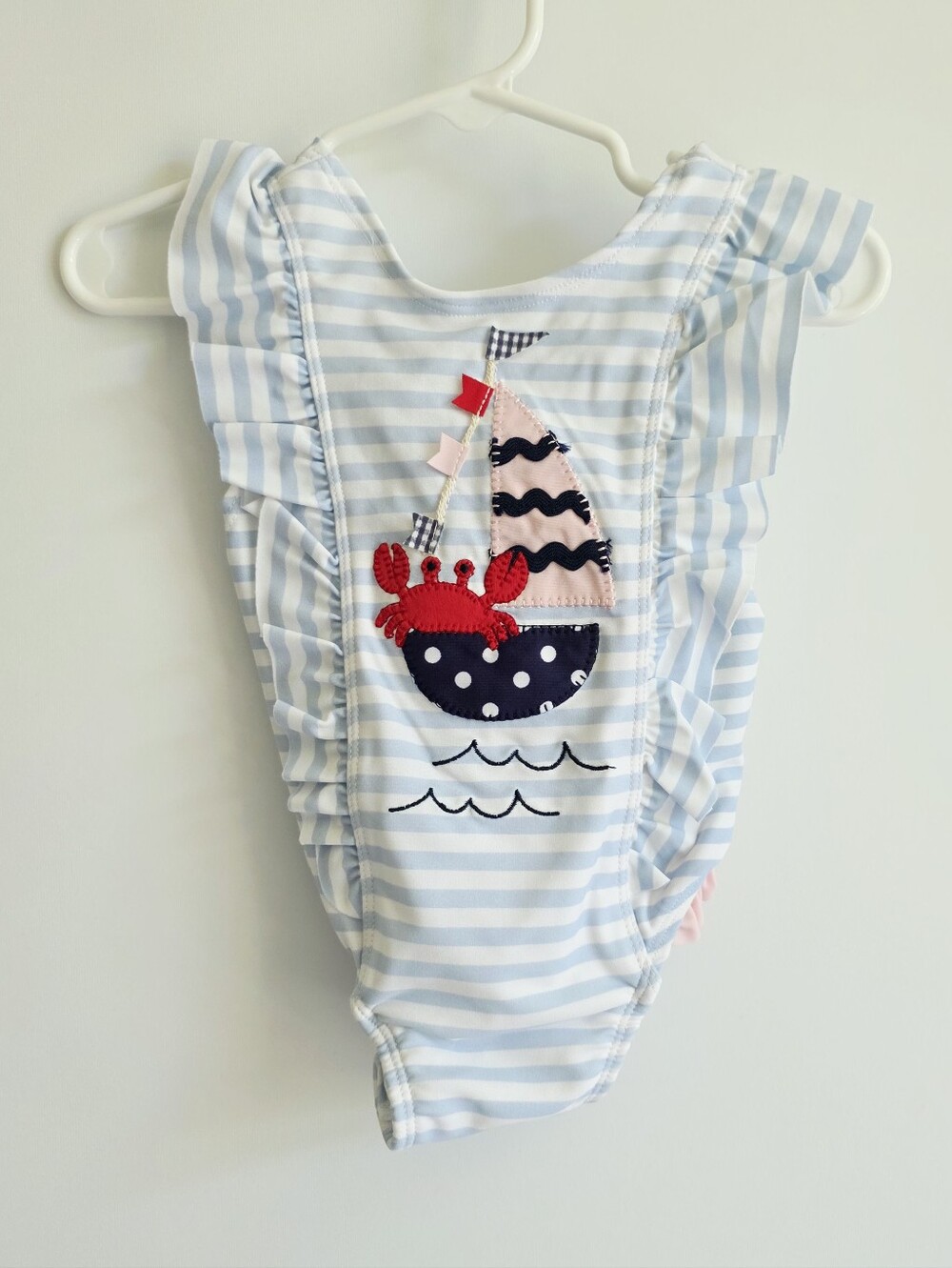 Mud Pie Baby Girls' Sailboat Ruffle Striped One Piece Swimsuit Size 9-12 Months - Picture 2 of 7